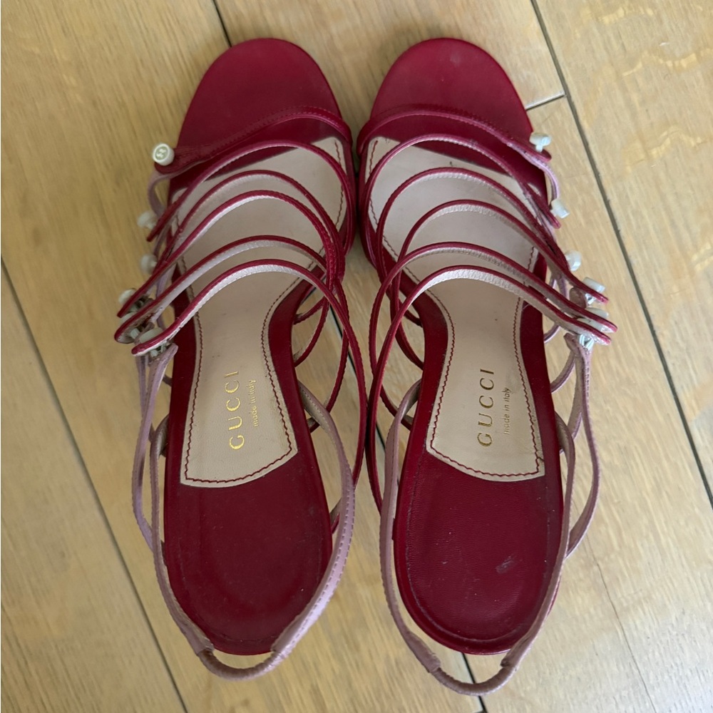 Gucci Red Multi-Strap Pearl Button Accent Slingback Heels - Picture 2 of 4